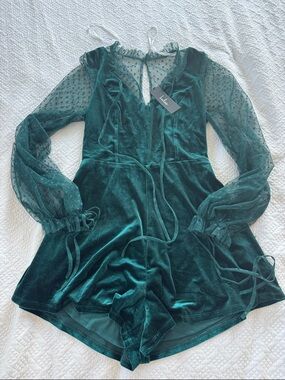 Lulu's Emerald Green Velvet Romper with Polka Dot Mesh Sleeves